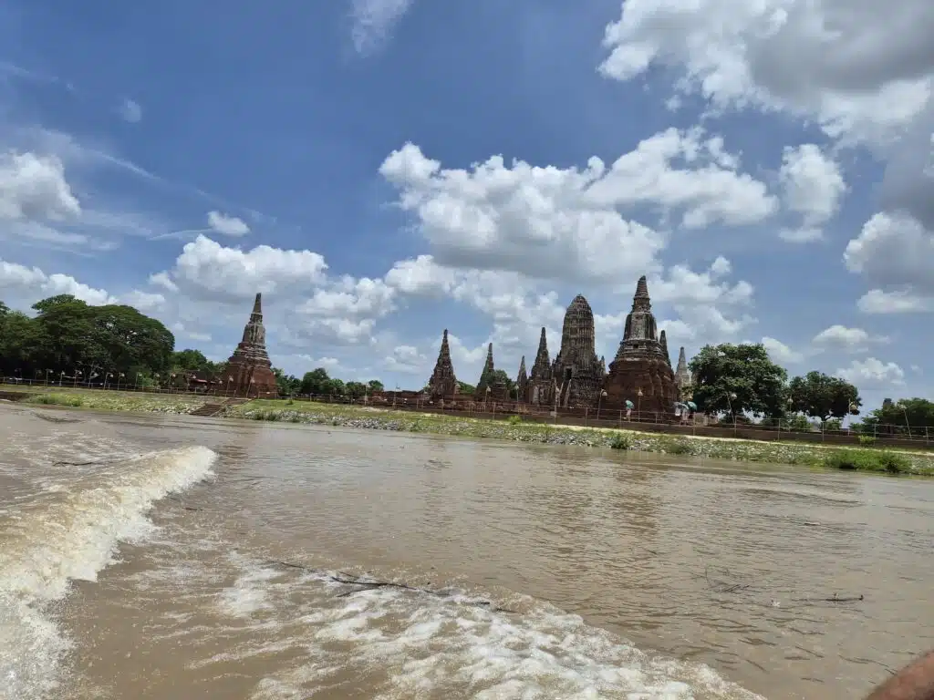 at Chaiwatthanaram viewed from a boat on the river in Ayutthaya.