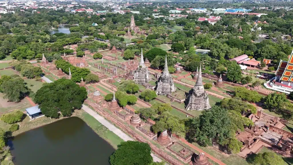 Aerial view of the three historic chedis at Wat Phra Si Sanphet in Ayutthaya.
